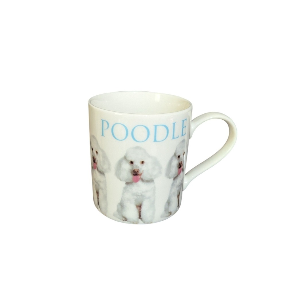 Home Essentials White Poodle Dog Ceramic Coffee Mug Blue Text 4 Inch Cup